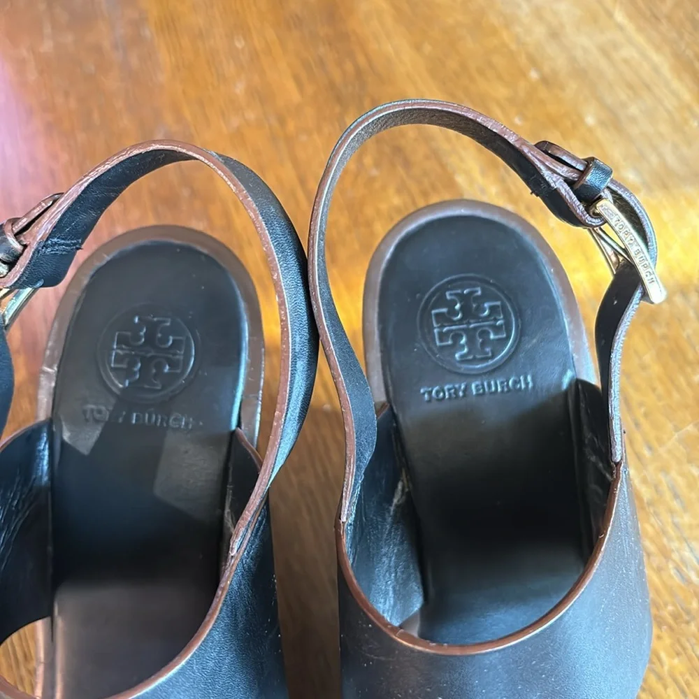 Tory Burch Black Leather Wedge Sandals